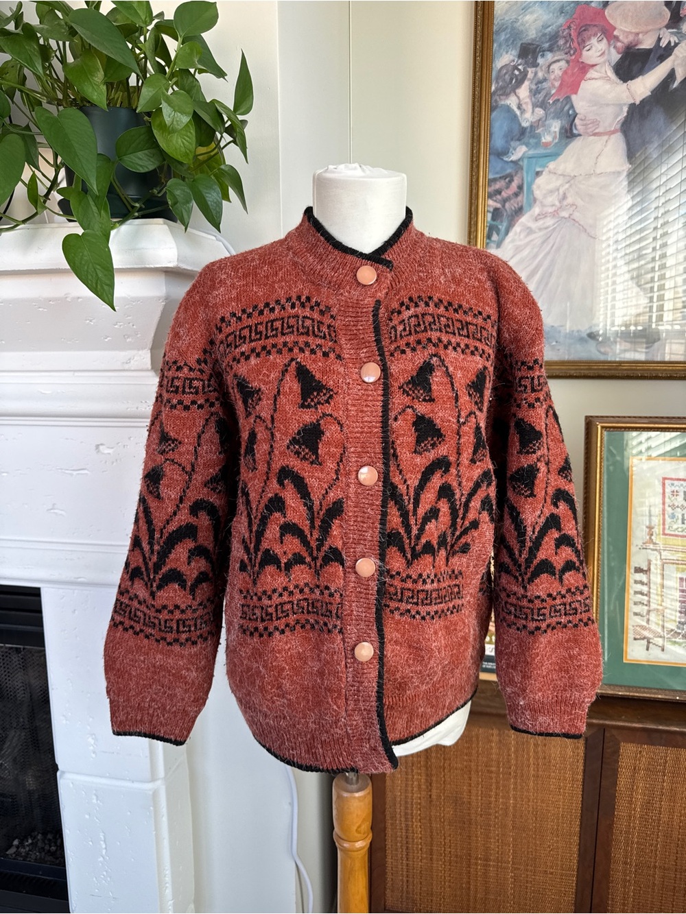 Rust Floral Patterned Button-Front Mohair Sweater Jacket
